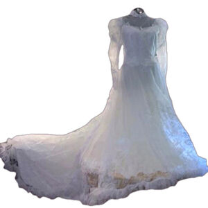 Traditional white wedding dress with lace and beadwork and a long train